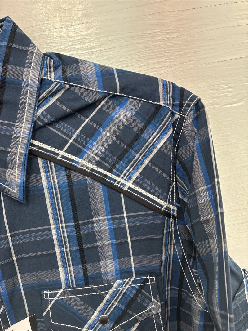 New Men’s ELY 1878 Plus Gray Plaid Short Sleeve Pearl Snap Large X-59