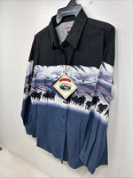 New Women’s Cumberland Blue Horse Design Long Sleeve Pearl Snap Medium YY-83