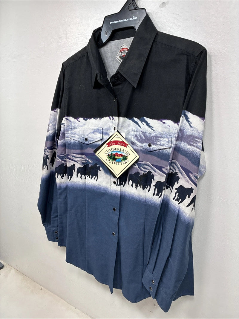 New Women’s Cumberland Blue Horse Design Long Sleeve Pearl Snap Medium YY-83
