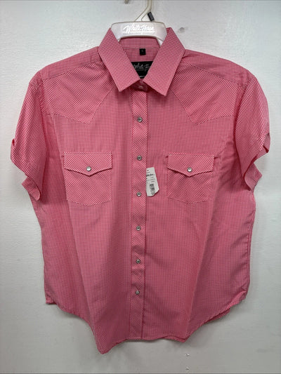 New Women’s White Horse Pink Checker Short Sleeve Pearl Snap Large KK-122