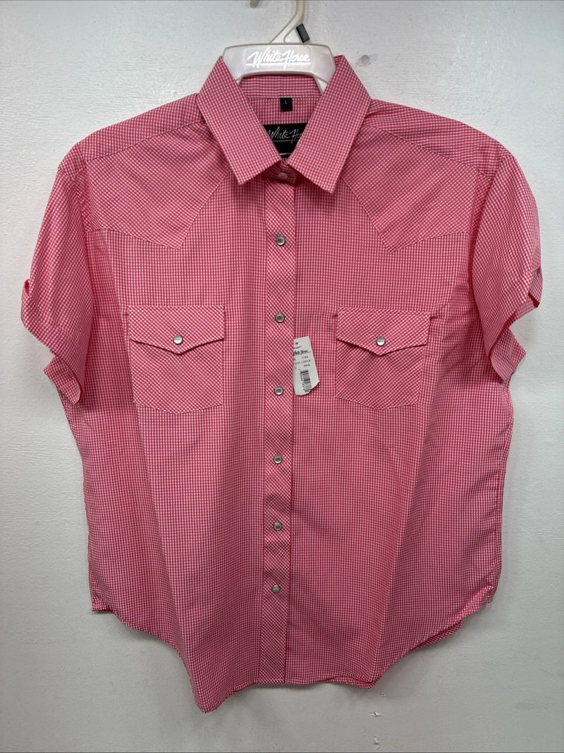 New Women’s White Horse Pink Checker Short Sleeve Pearl Snap Large KK-122