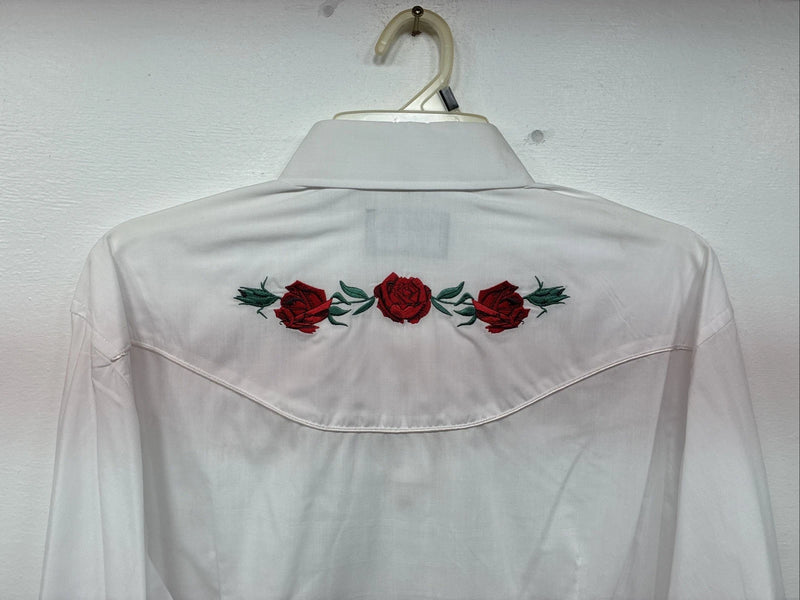 New Womens White Horse White Rose Long Sleeve Pearl Snap Large II-91