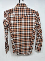 New Women’s Panhandle Slim Orange Plaid Long Sleeve Pearl Snap Size 30 KK-56
