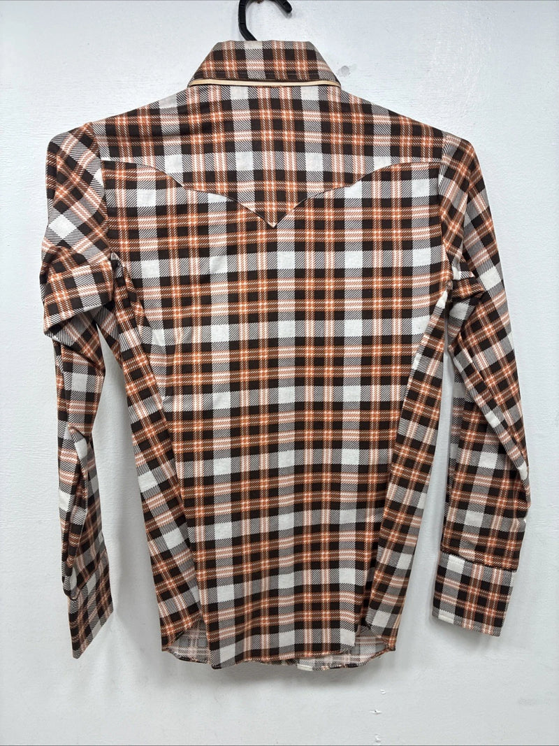 New Women’s Panhandle Slim Orange Plaid Long Sleeve Pearl Snap Size 30 KK-56