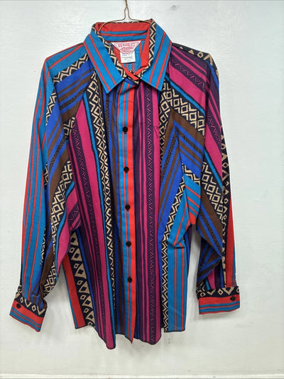 New Women’s H Bar C Multicolor Design Long Sleeve Button Up Size 14 MM-117