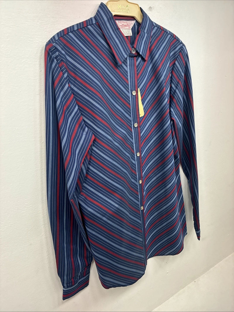 New Women’s H Bar C Blue Red Stripe Long Sleeve Pearl Snap Size 36 II-17