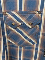 New Men’s ELY 1878 Blue Brown Plaid Long Sleeve Pearl Snap XL T-13