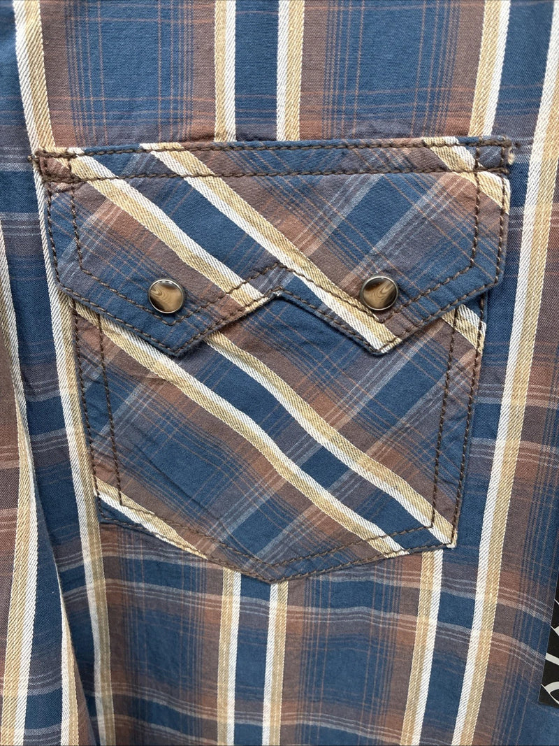 New Men’s ELY 1878 Blue Brown Plaid Long Sleeve Pearl Snap XL T-13