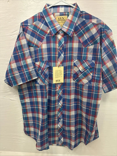 New Men’s ELY Cattleman Purple Multicolor Plaid Short Sleeve Pearl Snap XL R-54
