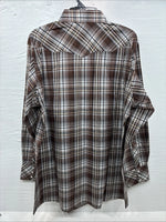 New Men’s White Horse Brown Plaid Long Sleeve Pearl Snap XL O-48