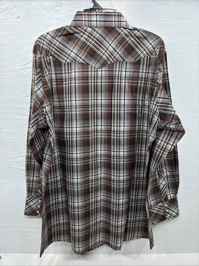 New Men’s White Horse Brown Plaid Long Sleeve Pearl Snap XL O-48
