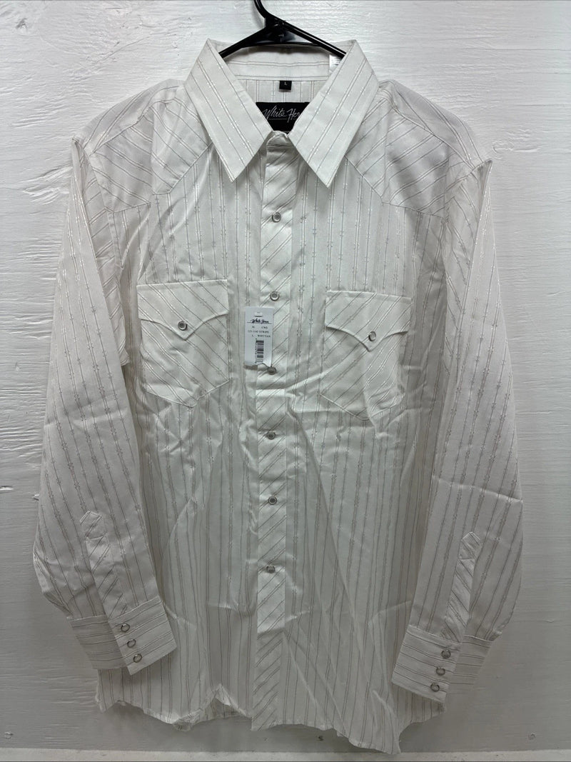 New Men’s White Horse White Stripe Long Sleeve Pearl Snap Large AA-77
