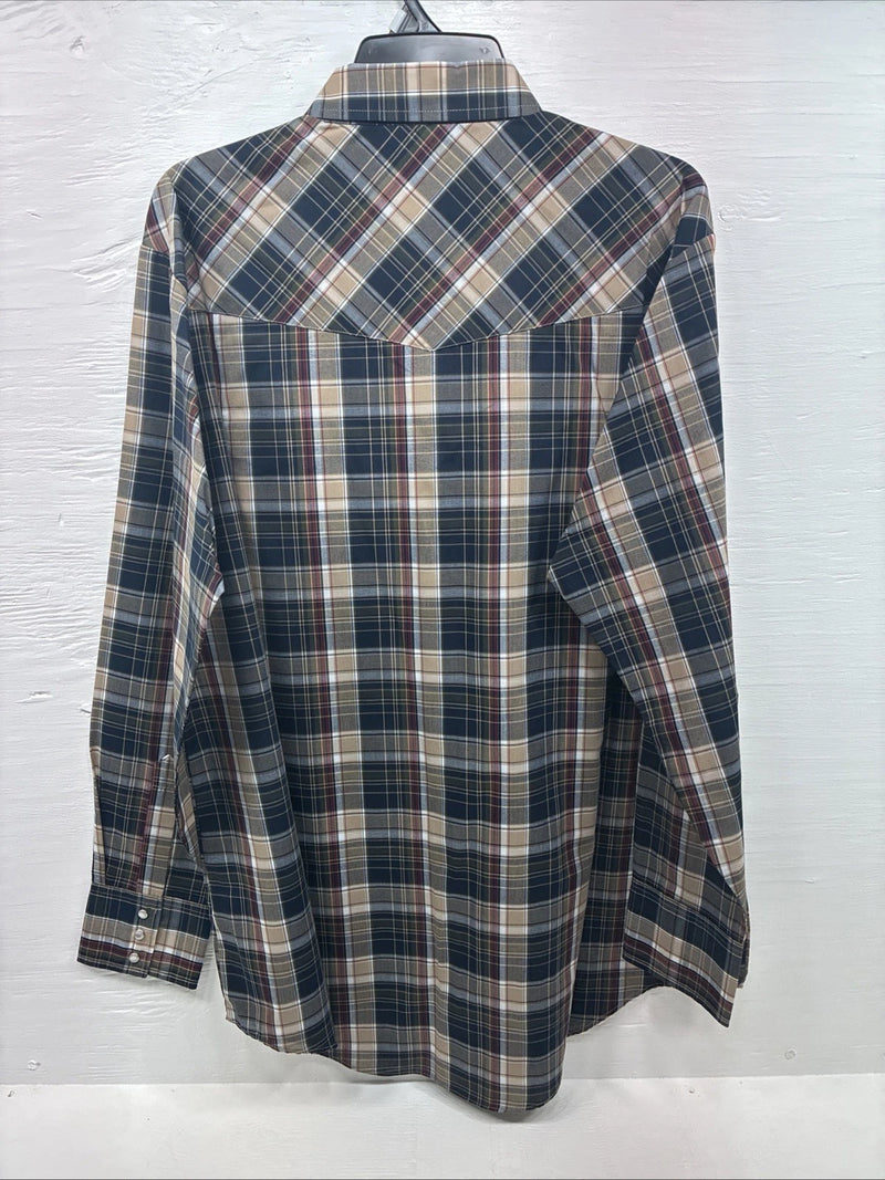 New Men’s ELY Cattleman Brown Blue Plaid Long Sleeve Pearl Snap XLT R-44
