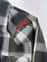 New Men’s ELY Cattleman Green Rose Design Plaid Long Sleeve Pearl Snap XL H-79