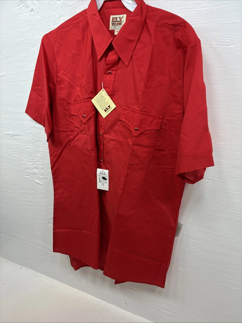New Men’s ELY Cattleman Red Short Sleeve Pearl Snap 16 Large CC-13