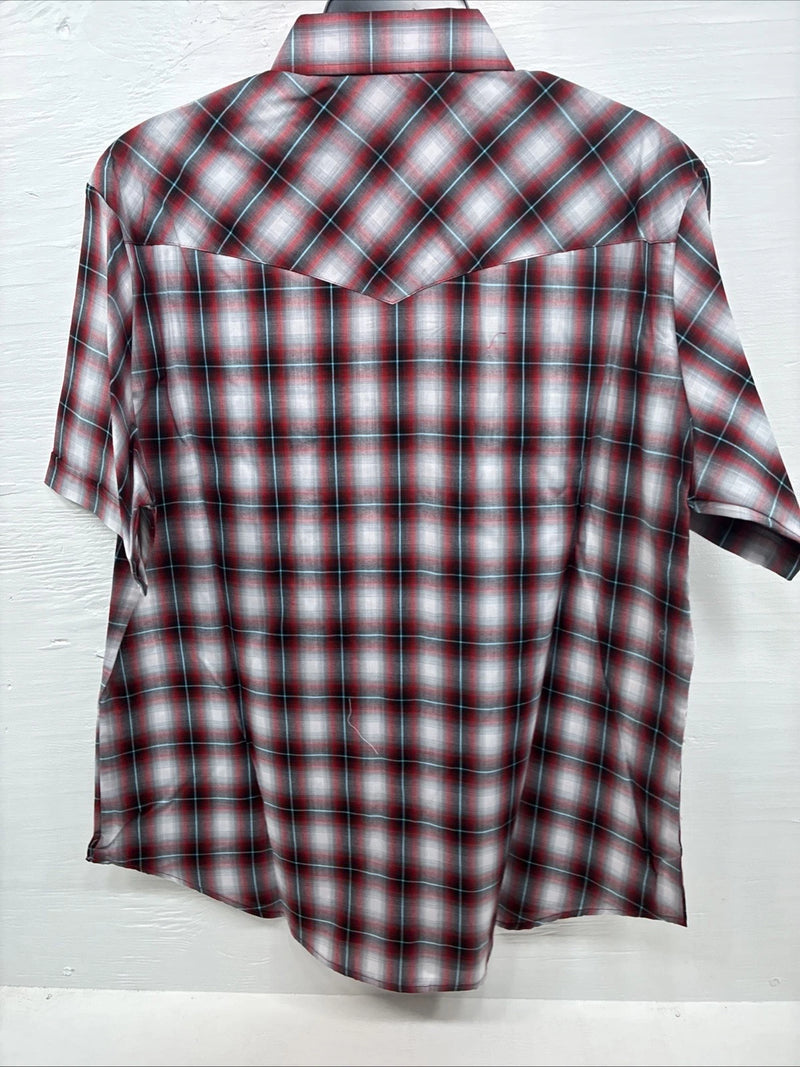 New Men’s ELY Cattleman Red Gray Plaid Short Sleeve Pearl Snap XL M-51
