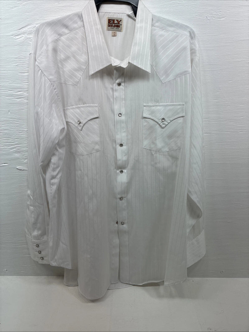 New Men’s ELY Cattleman White Long Sleeve Stripe Pearl Snap 18.5 X 36 2XL F-80