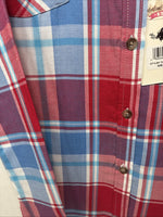 New Women’s Cumberland Red Blue Plaid short Sleeve Button Up Medium LL-51