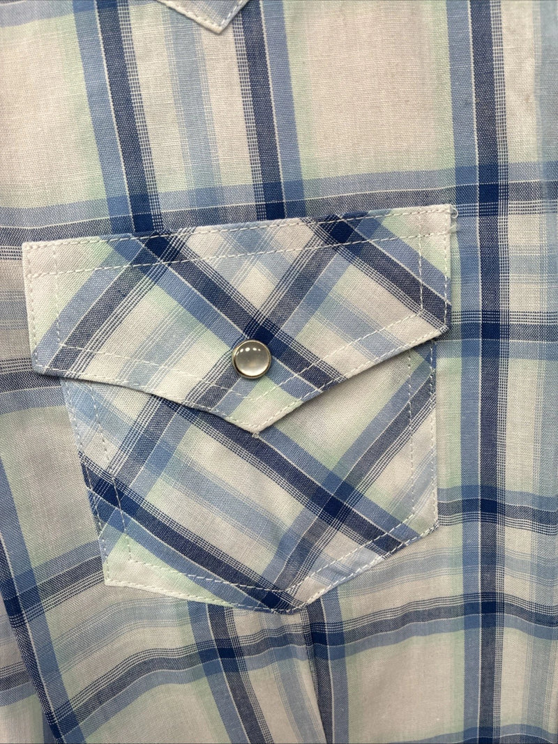 New Women’s Cumberland Blue Plaid Long Sleeve Pearl Snap Large GG-84