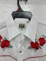 New Men’s ELY Cattleman White Red Rose Design Long Sleeve Pearl Snap Medium K-60