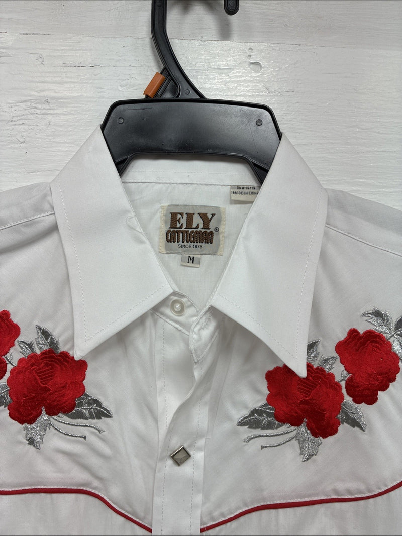 New Men’s ELY Cattleman White Red Rose Design Long Sleeve Pearl Snap Medium K-60