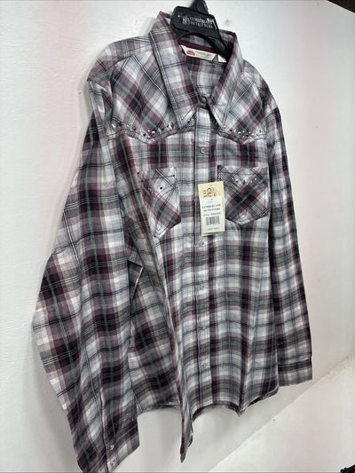 New Women’s Cumberland Purple Plaid Long Sleeve Pearl Snap 2XL KK-78