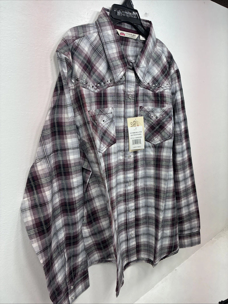 New Women’s Cumberland Purple Plaid Long Sleeve Pearl Snap 2XL KK-78