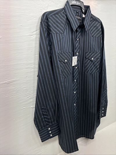 New Men’s White Horse Black Gray Stripe Long Sleeve Pearl Snap XL O-54