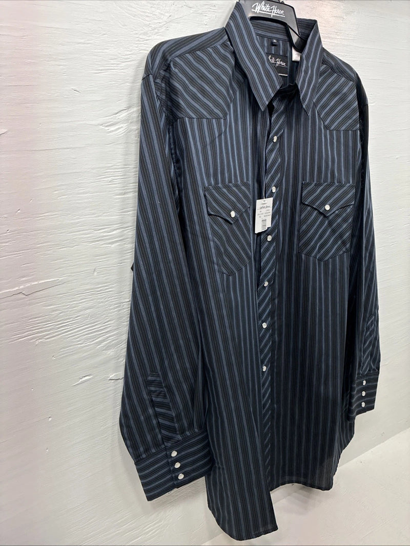 New Men’s White Horse Black Gray Stripe Long Sleeve Pearl Snap XL O-54