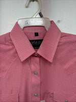 New Women’s White Horse Pink Checker Short Sleeve Pearl Snap Large KK-122
