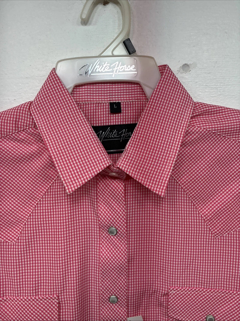 New Women’s White Horse Pink Checker Short Sleeve Pearl Snap Large KK-122