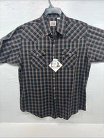 New Men’s ELY Cattleman Black Brown Plaid Short Sleeve Pearl Snap XL T-29