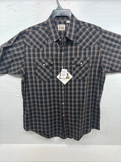 New Men’s ELY Cattleman Black Brown Plaid Short Sleeve Pearl Snap XL T-29