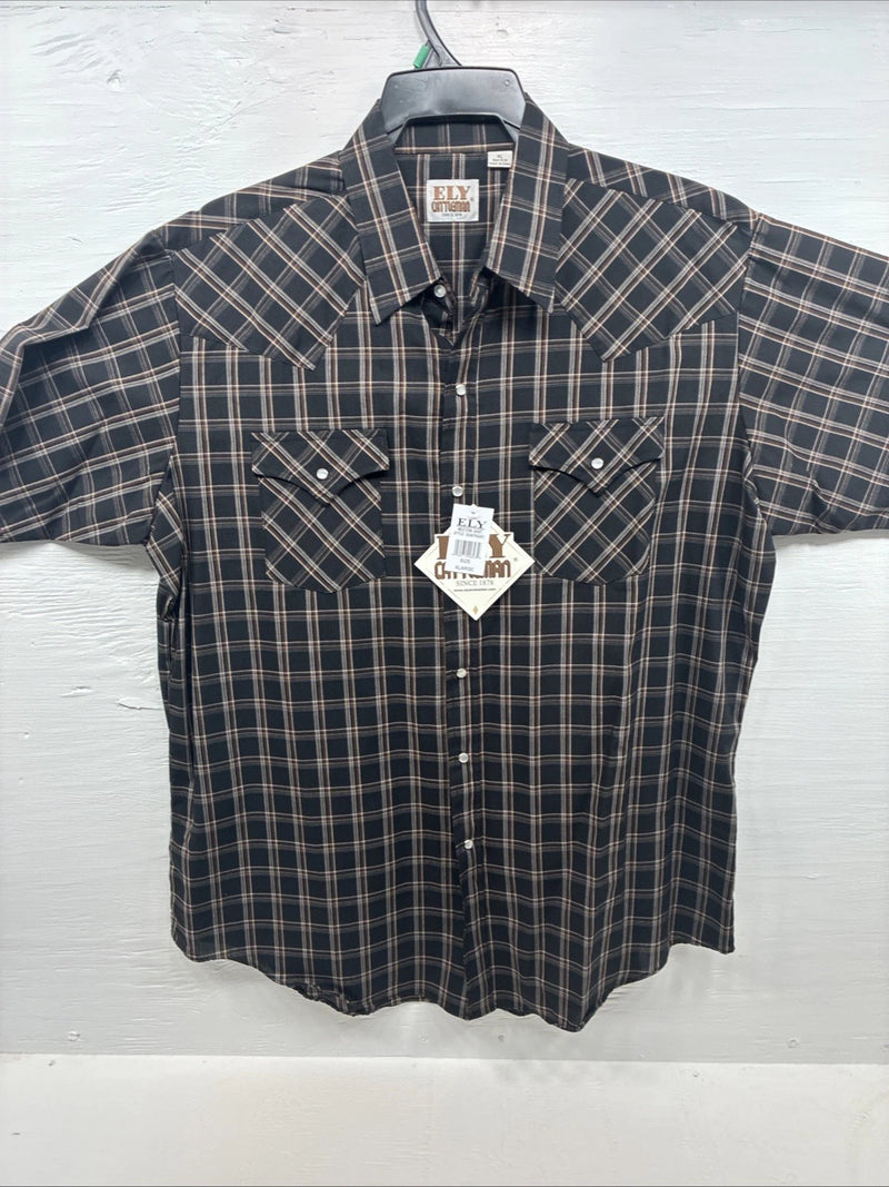 New Men’s ELY Cattleman Black Brown Plaid Short Sleeve Pearl Snap XL T-29