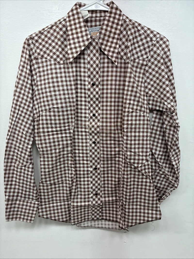 New Women’s Karman Brown Checker Long Sleeve Pearl Snap Size 36 MM-36