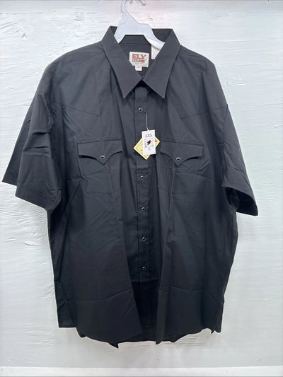 New Men’s ELY cattleman Black Simple Short Sleeve Pearl Snap 2XL H-55