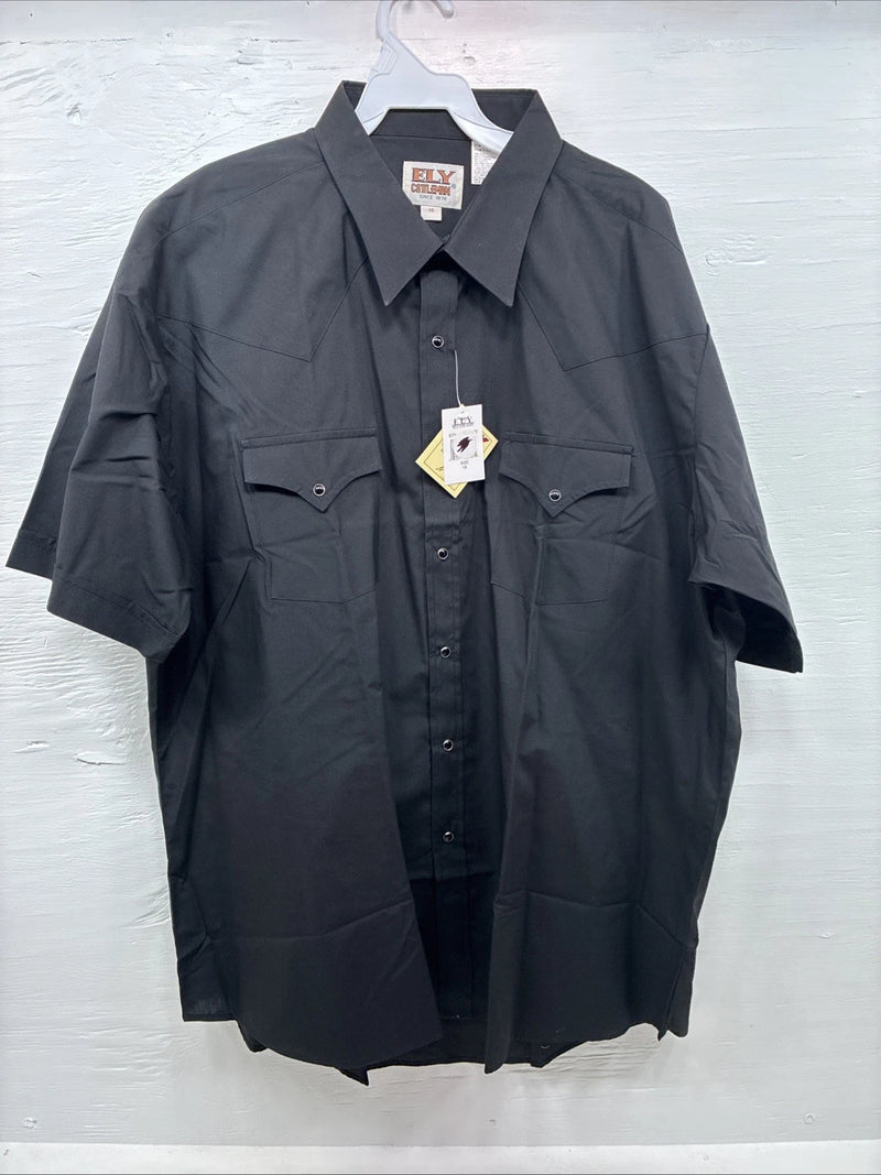 New Men’s ELY cattleman Black Simple Short Sleeve Pearl Snap 2XL H-55