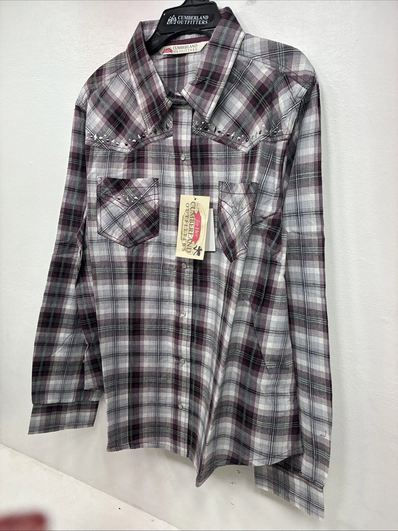 New Women’s Cumberland Purple Plaid Long Sleeve Pearl Snap 1XL KK-79