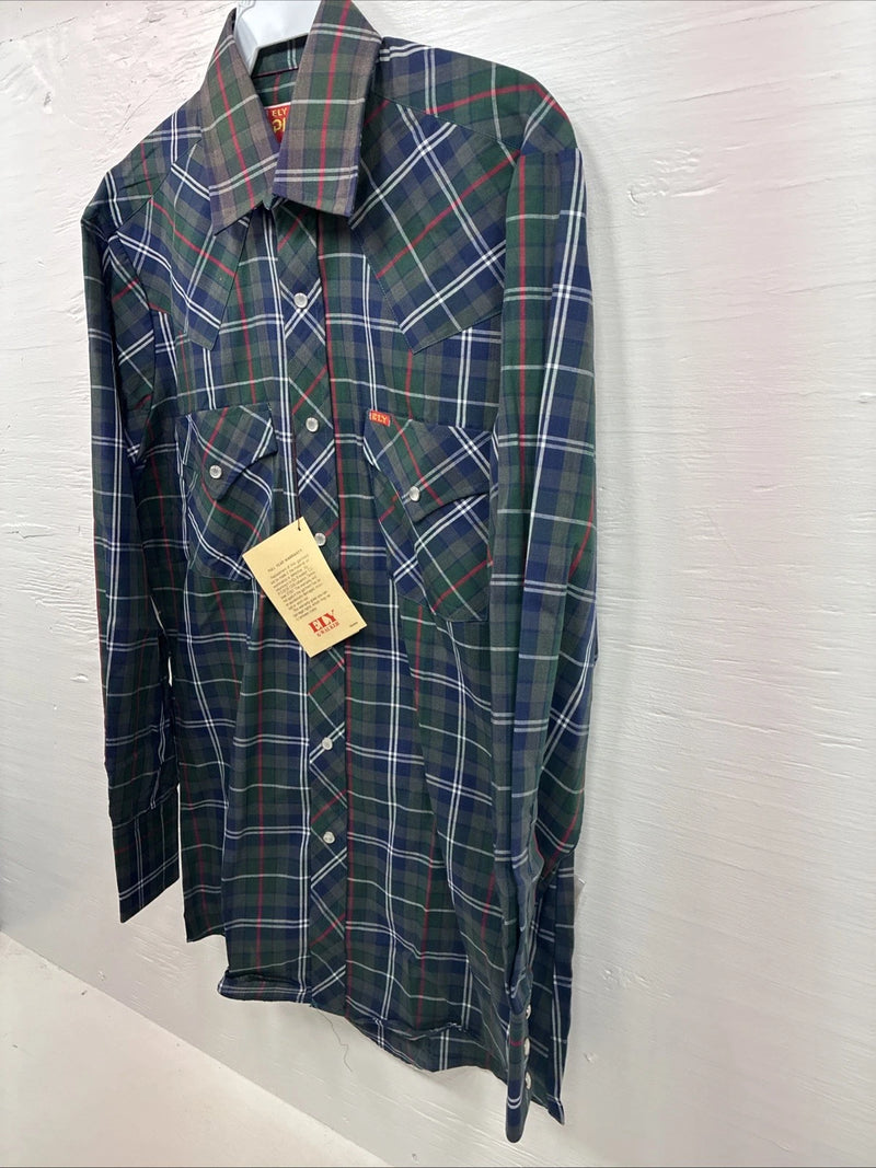 New Men’s ELY Plains Green Plaid Long Sleeve Pearl Snap 14.5 Small X-34