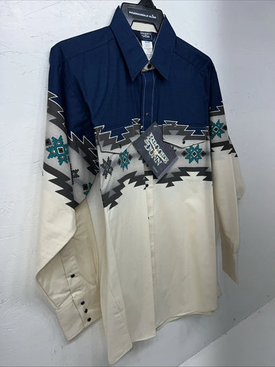 New Men’s Blue White Brooks&Dunn Long Sleeve Pearl Snap Shirt. 16.5x34 L P-63