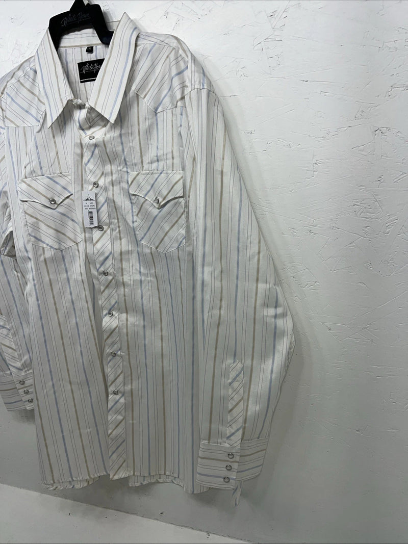 New Mens White Stripped White House Pearl Snap Long Sleeve Shirt. XXL G-63