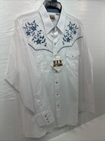 New Men’s ELY Cattleman White Blue Embroidered Long Sleeve Pearl Snap XL J-40