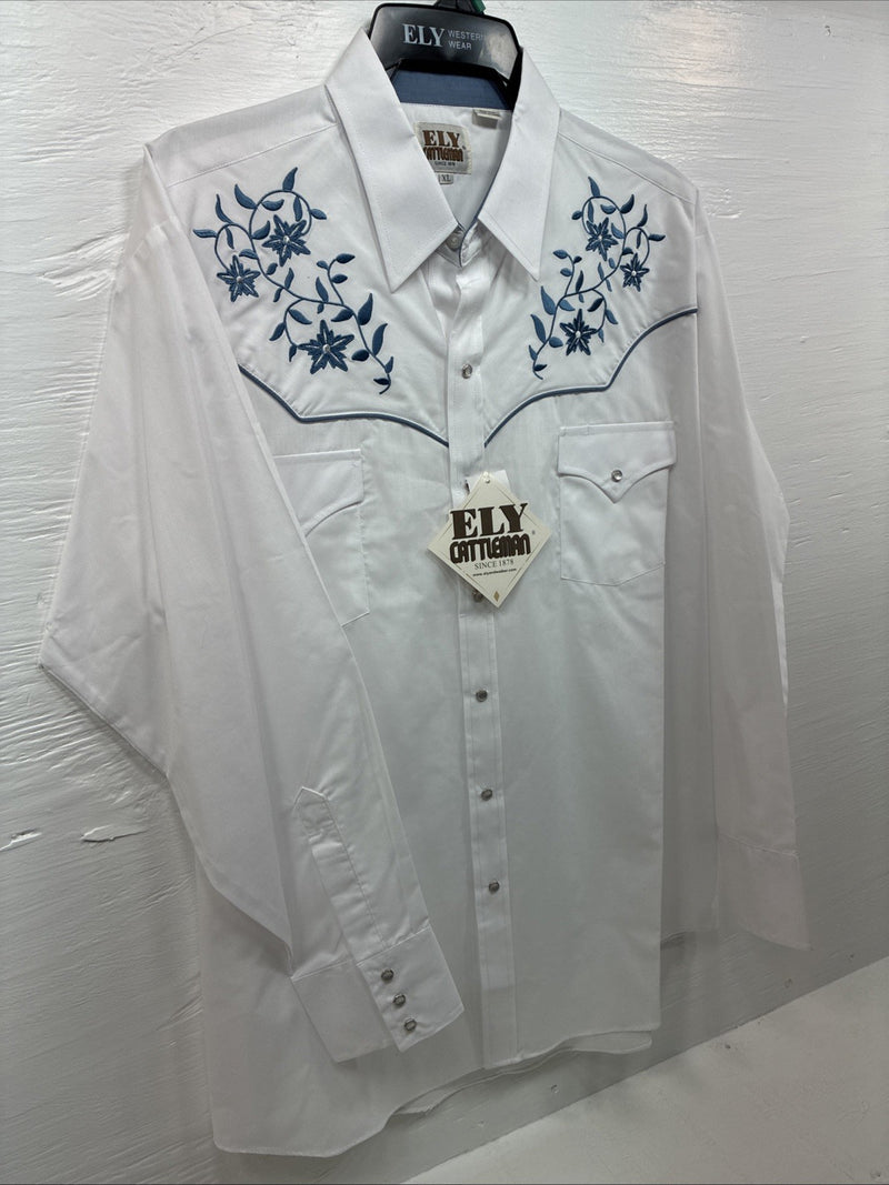 New Men’s ELY Cattleman White Blue Embroidered Long Sleeve Pearl Snap XL J-40
