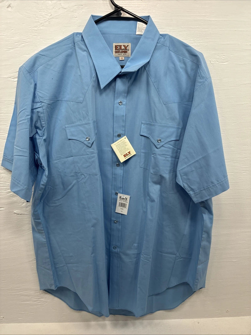 New Men’s ELY Cattleman Blue Western Short Sleeve Pearl Snap 18 2XL T-46
