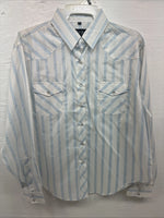 New Womens White Horse White Blue Stripe Long Sleeve Pearl Snap Large V-69