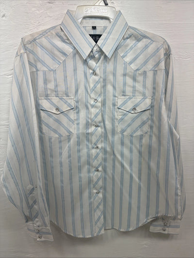 New Womens White Horse White Blue Stripe Long Sleeve Pearl Snap Large V-69