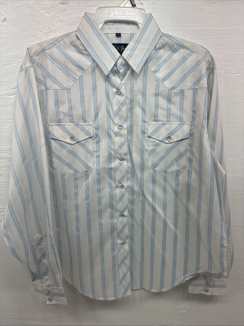 New Womens White Horse White Blue Stripe Long Sleeve Pearl Snap Large V-69
