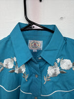 New Women’s Country Charmers Teal Rose Like Sleeve Pearl Snap Medium DD-143