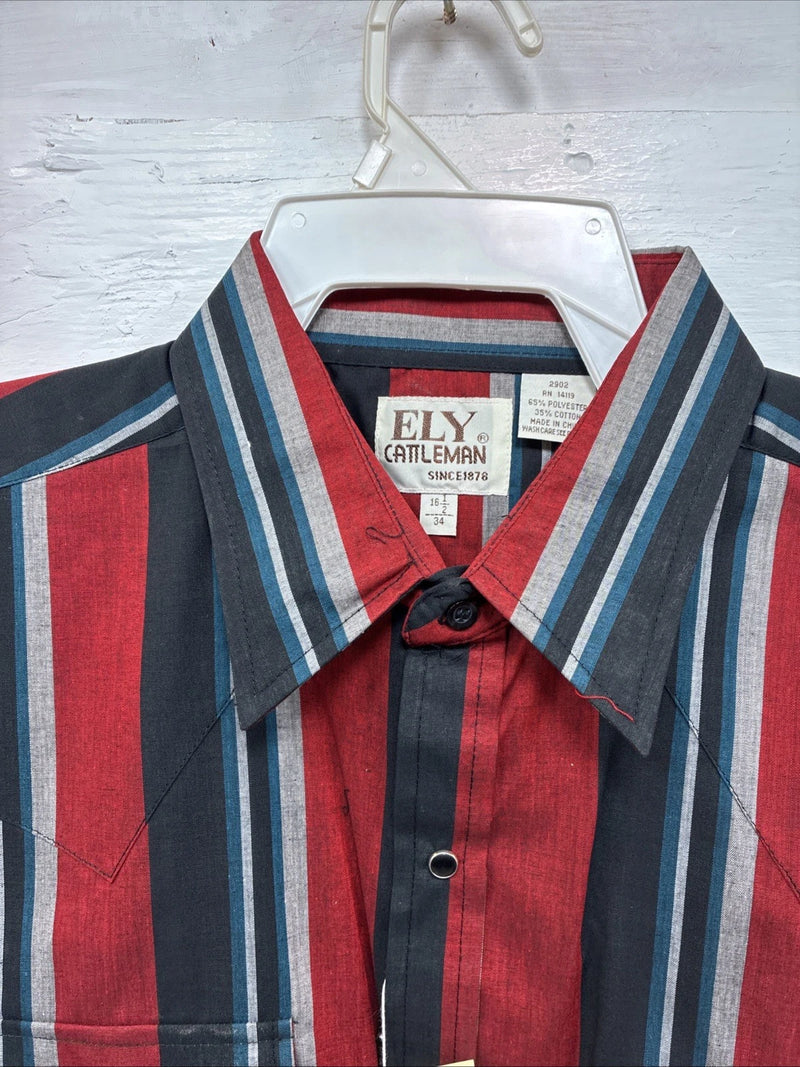 New Men’s ELY Cattleman Red Black Stripe Long Sleeve Pearl Snap 16.5 Large Q-33