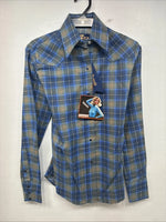 New Women’s Panhandle Slim Blue Plaid Long Sleeve Pearl Snap Size 30 KK-91